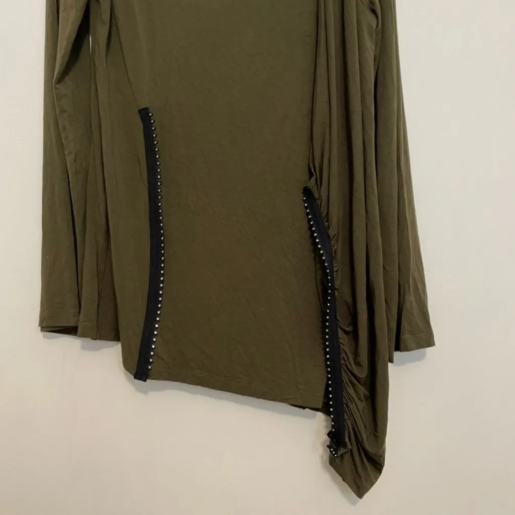 DG2 BY DIANE GILMAN Olive Green Ruched Rhinestone Zip Zipper Long Sleeve Blouse - Image 10