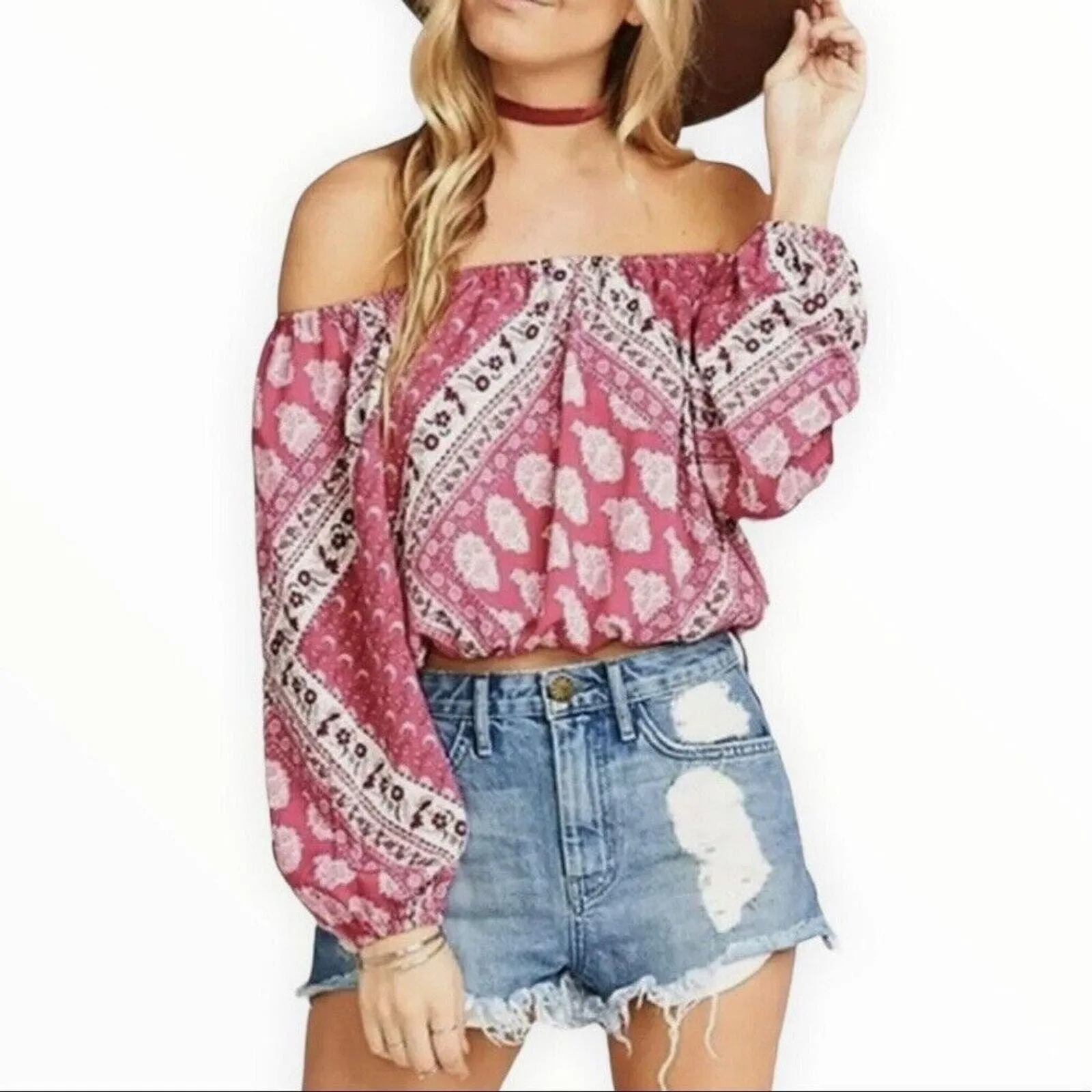 Show Me Your Mumu Shirt Womens Medium Pink White Paisley‎ Lima Scrunch Top Boho - Image 7