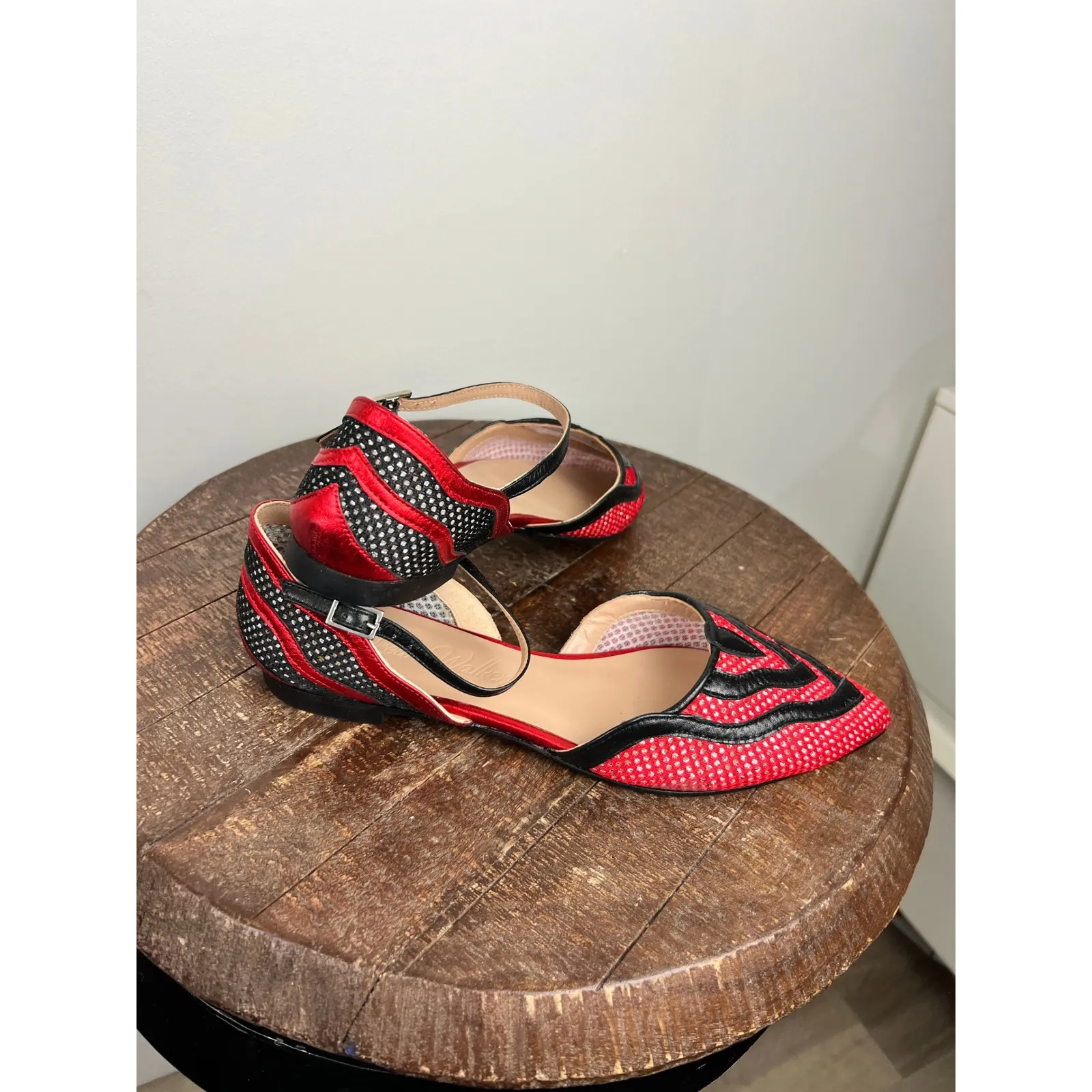 Designer Red Black Rhinestone Pointed Toe Ankle Strap Flats Size 40 - Image 2