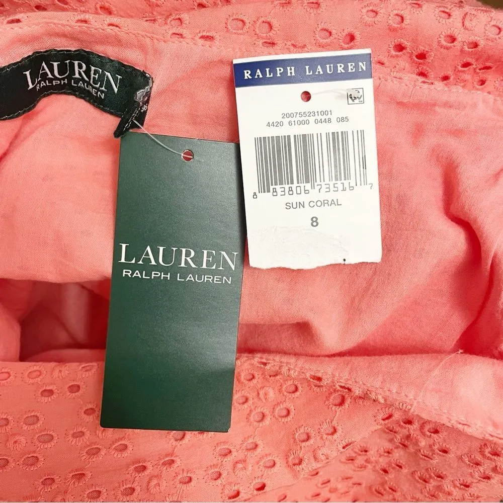 NWT Lauren Ralph Lauren Sun Coral Eyelet Off Shoulder Midi Dress Size 8 Cotton - Image 13