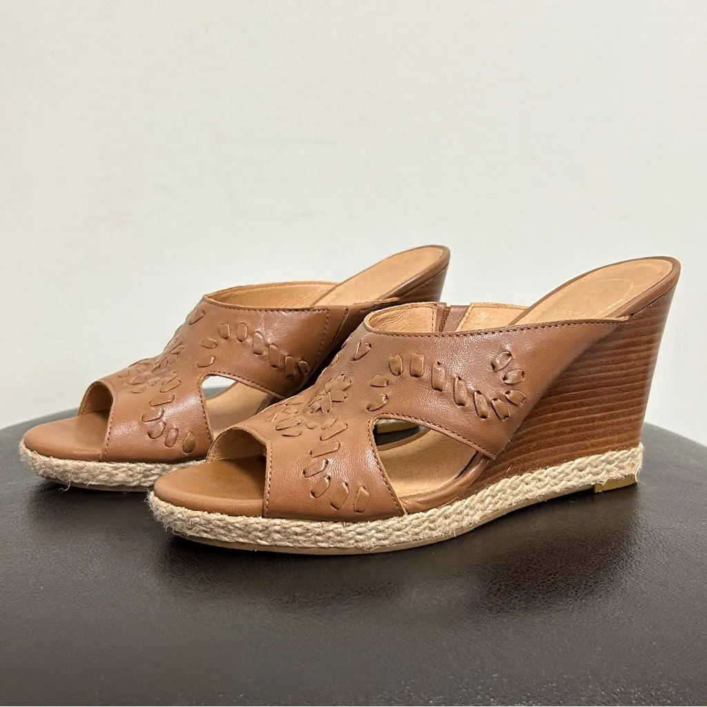 Jack Rogers Sophia Oak Brown Leather Wedge Whipstitch Heel Open Toe Sandals 7 M - Image 2