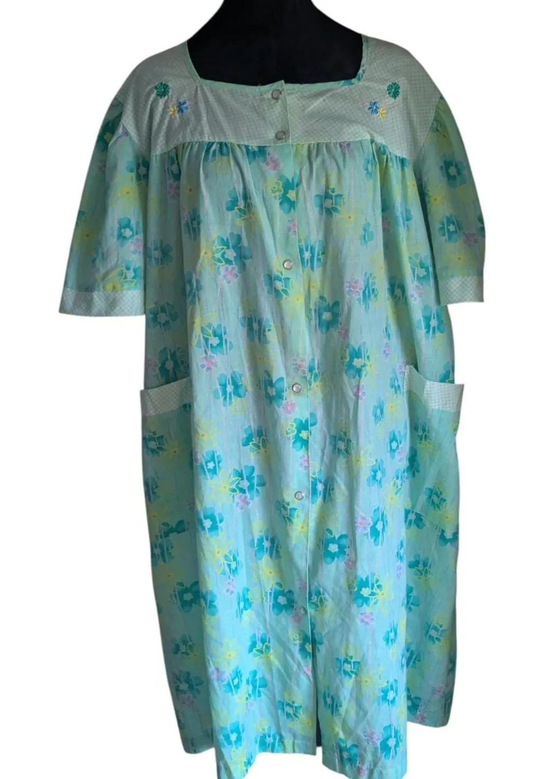 Vintage Bernette Floral Snap Front Duster House Dress Plus Size 2X Mint Green Blue - Image 1