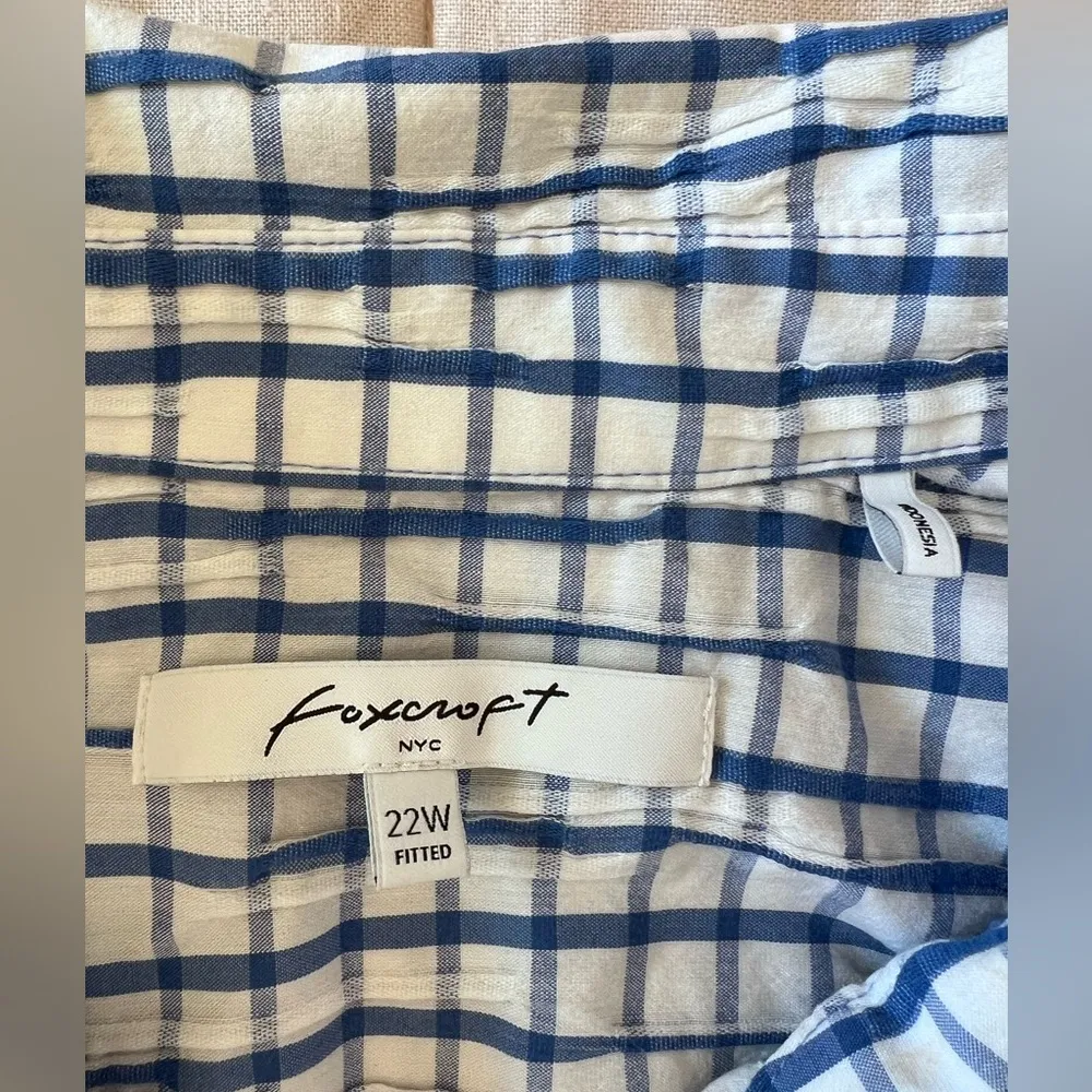 Foxcroft Womens Blue & White Mary Crinkle Gingham Combo Button Down Shirt - 22W - Image 4