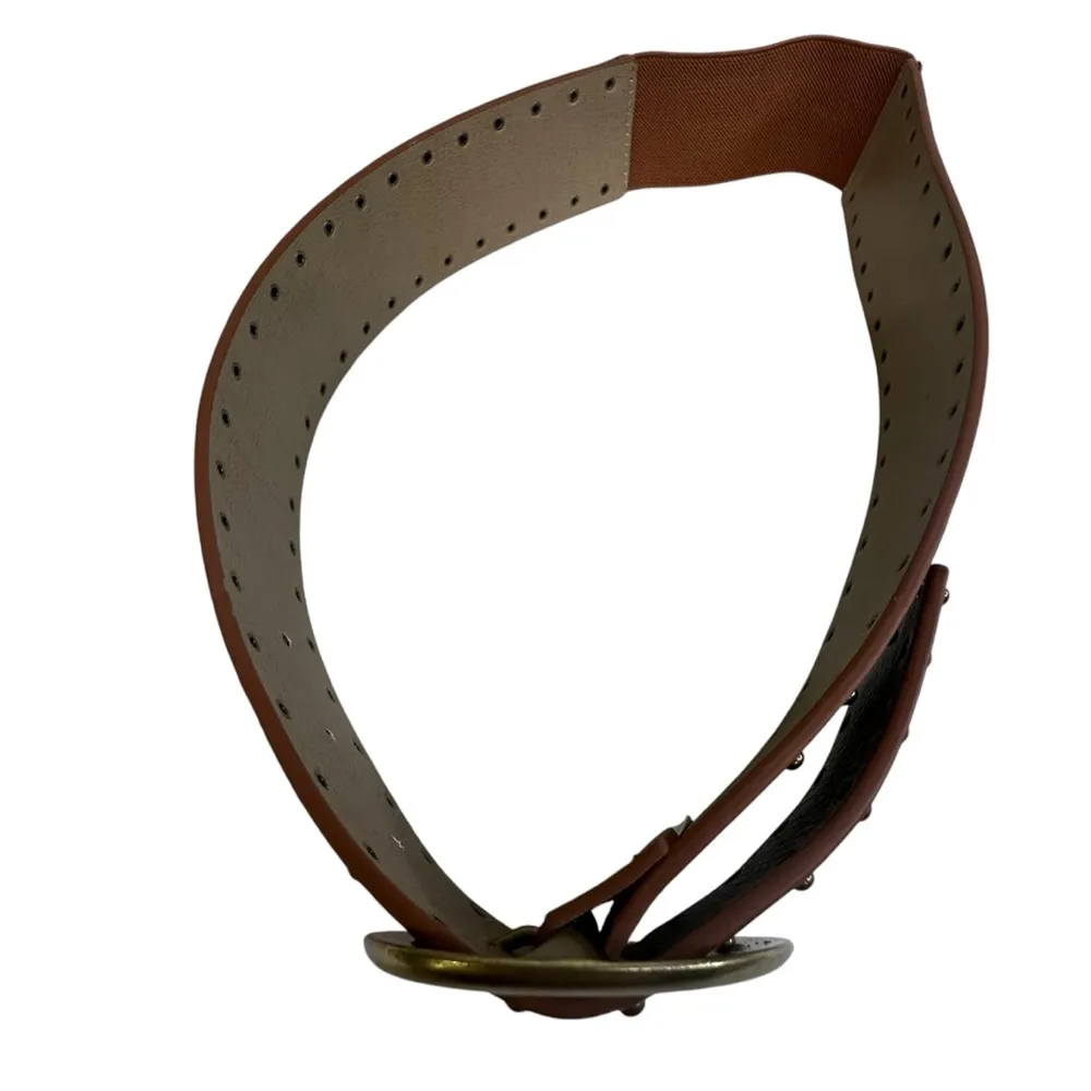 2 Inch Wide Tan Brown Studded Elastic Back Fashion Belt with Gold Buckle 33 inch - Image 7