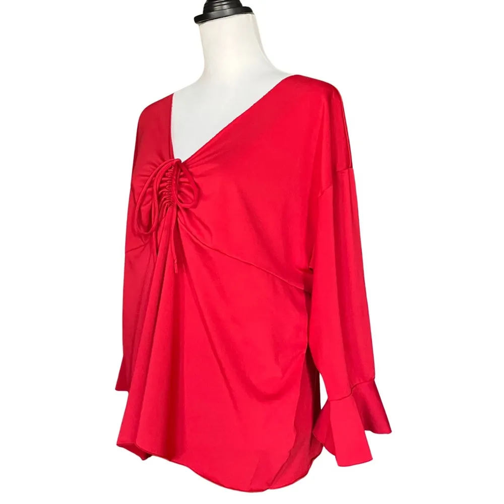 Vintage 90s 3X Red Silky Satin Flowy Ruched Bow Top with V Neck Flared Sleeves - Image 3