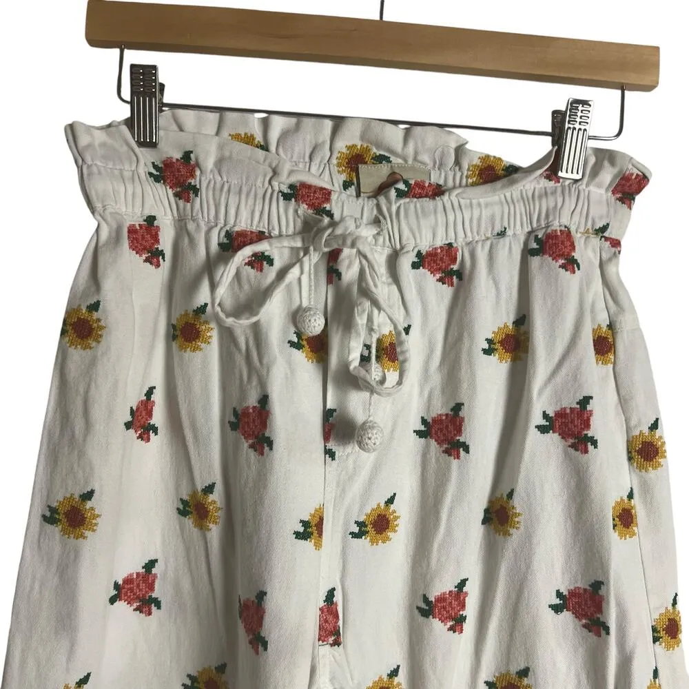 Farm Rio Mixed Flowers Embroidered White Tie Waist Straight Pants Size XS - Image 9