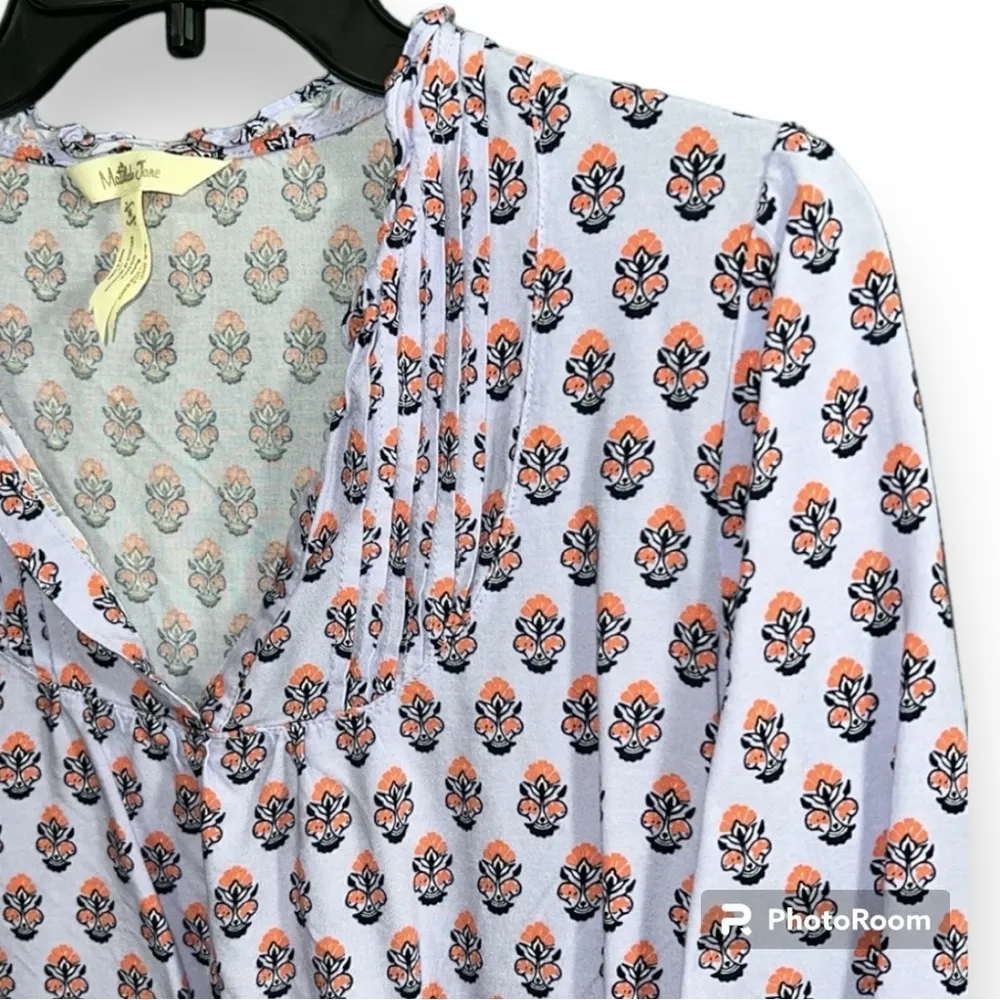 Matilda Jane sz medium pleated v-neck purple orange topiary blouse 3/4 sleeves - Image 4