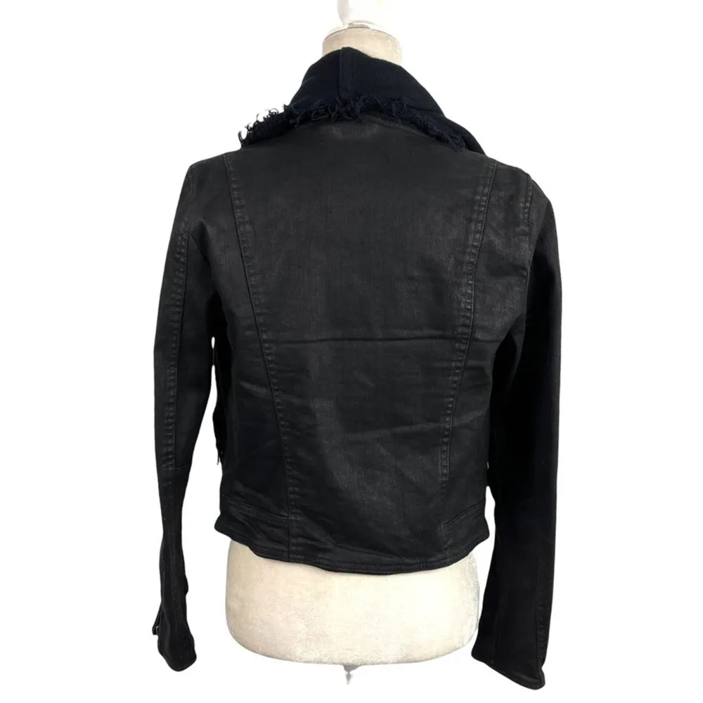 Free People Drape Front Coated Waxed Denim Moto Cropped Jacket Black Zip Cuffs 4 - Image 9