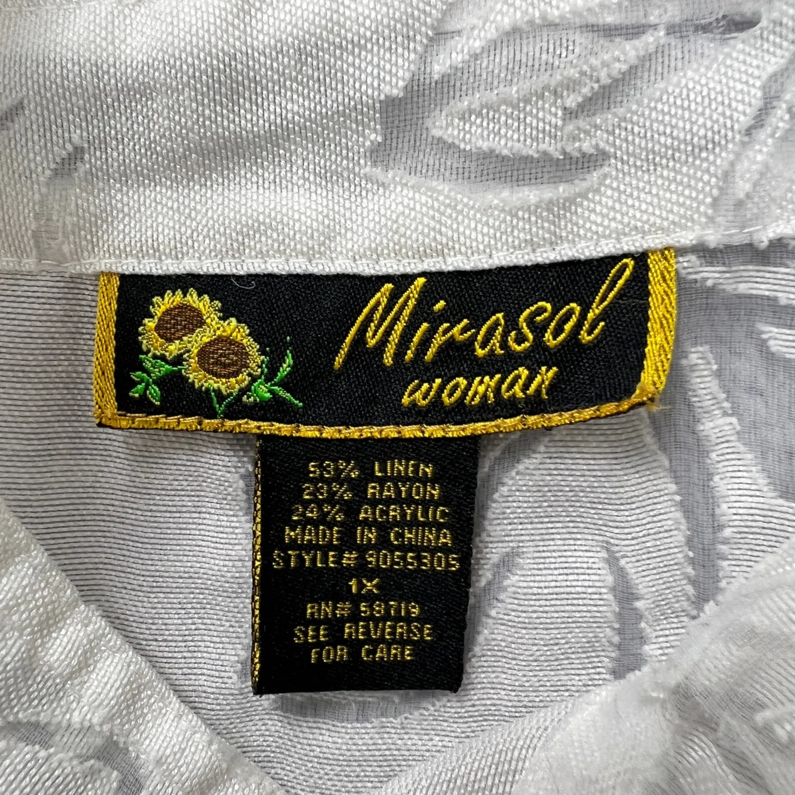 Mirasol‎ 1X White Linen Blend Floral Burnout 3/4 Sleeve Button Down Shirt Blouse - Image 3