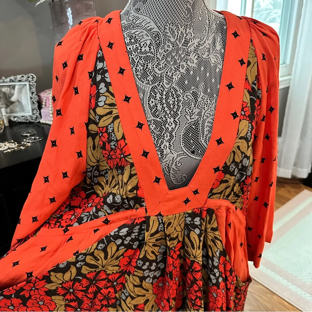 Free People Tallula Poppy Orange Deep-V Mixed Floral Boho Dress Size S - Image 4
