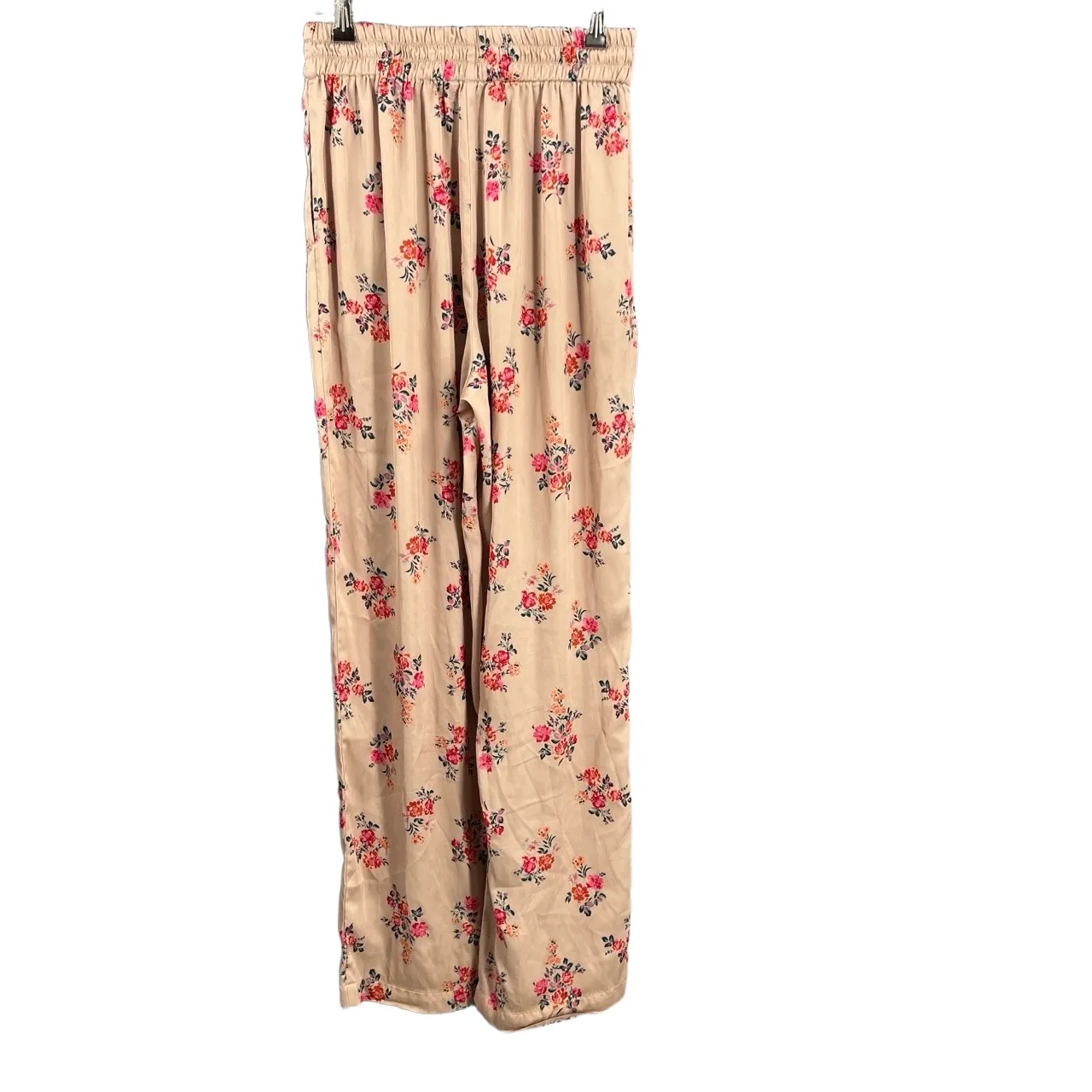 WAYF Wide Leg Floral Print Pants Elastic Waist Pockets Silky Beige Size M - Image 2