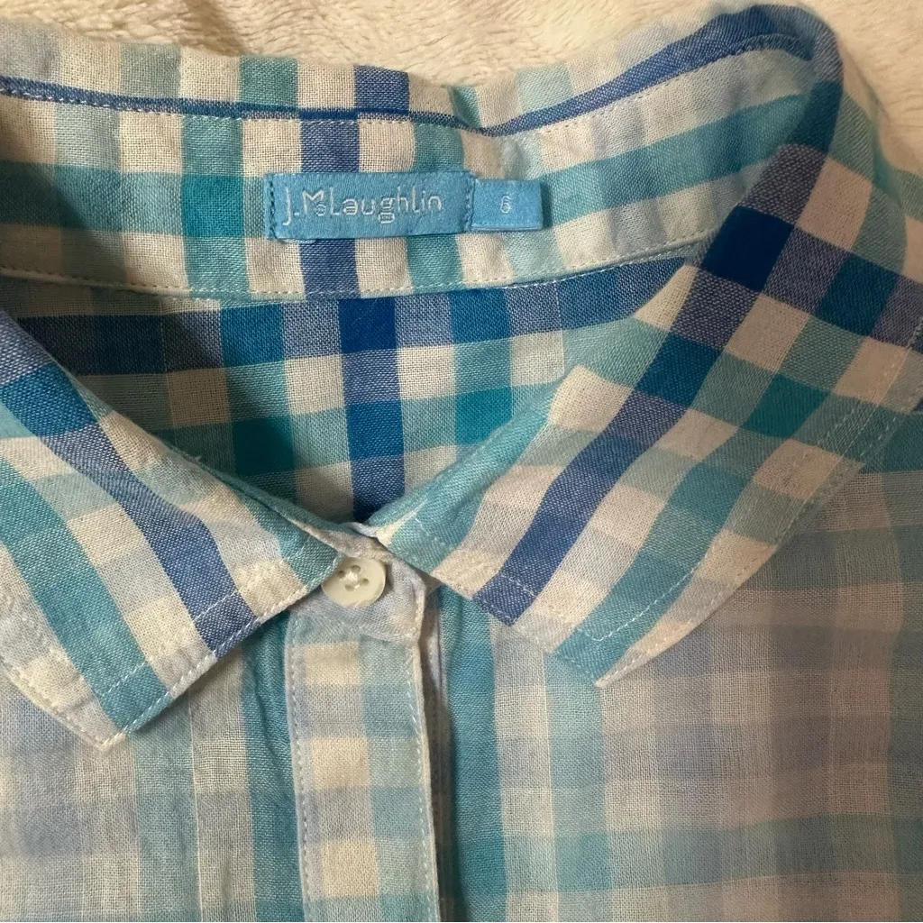 J. McLaughlin Sky Blue Checkered‎ Button Down Shirt Linen Blend Size 6 Classic - Image 3