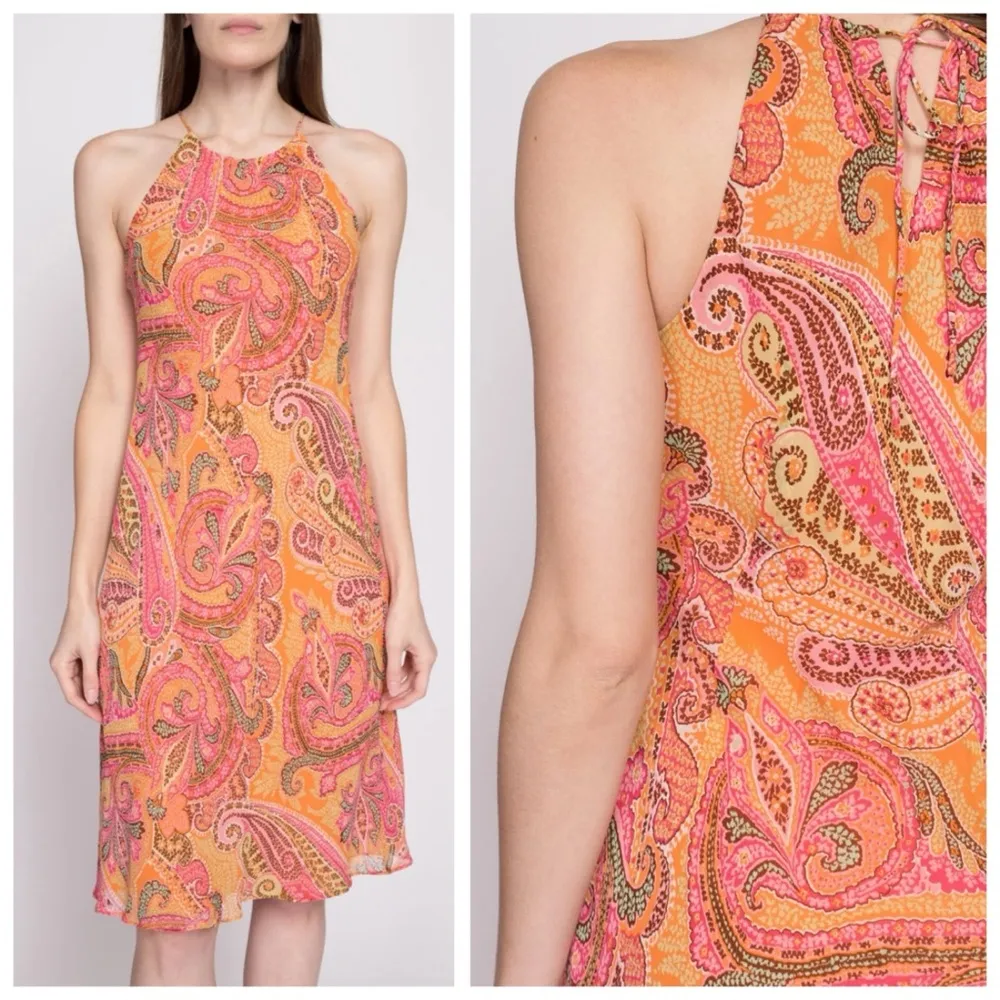 VTG Ann Taylor Silk Pink & Orange Paisley Print Slip Dress, Midi Length sz. 8P - Image 8
