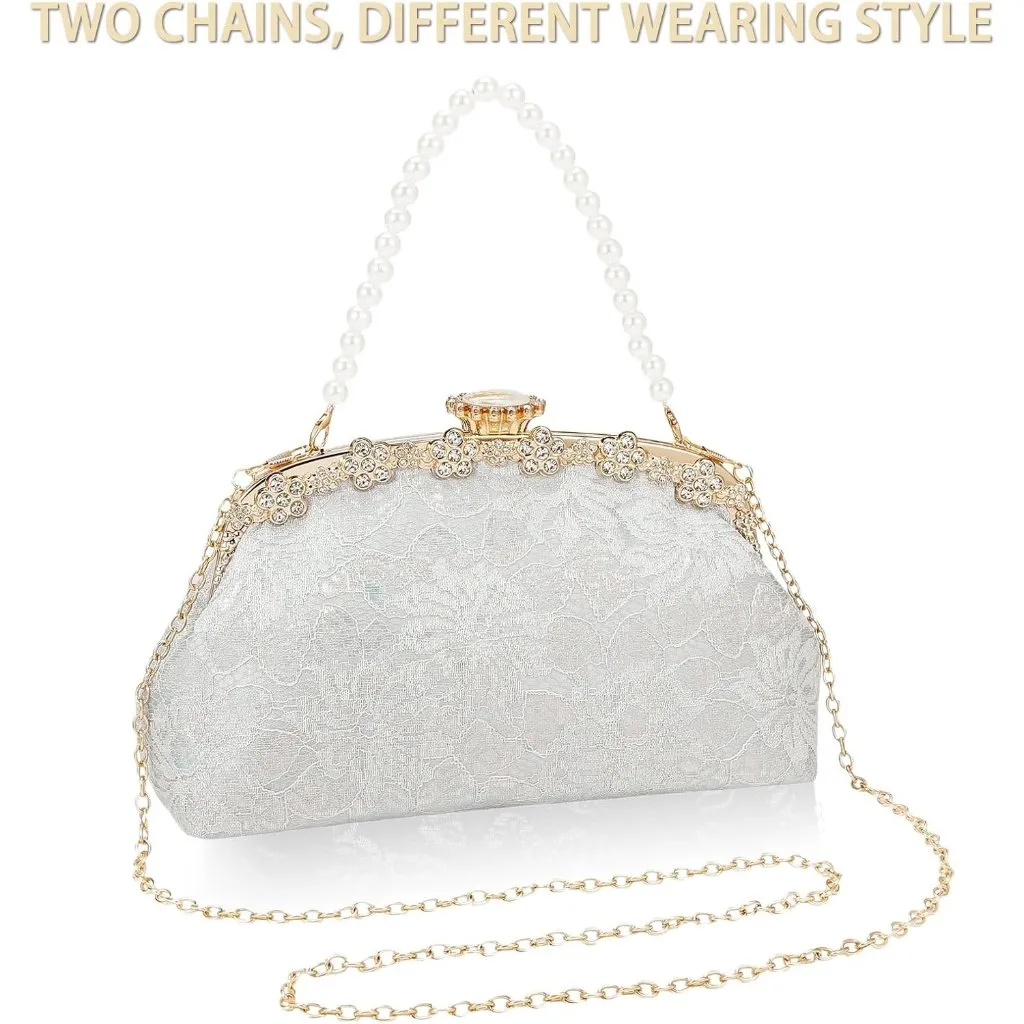 ⚡ Women's Silver Fabric Lace Pearl Chain Rhinestones Shoulder Clutch Bag - Image 6