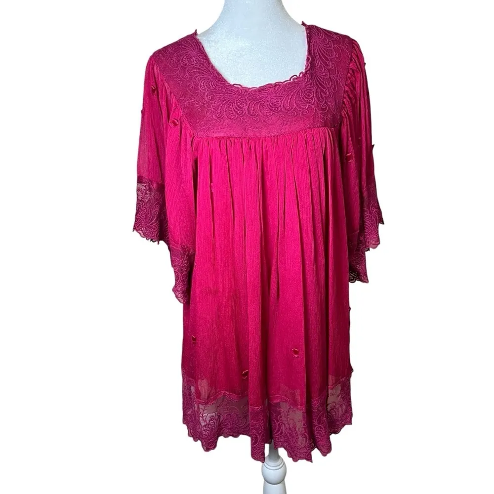 Badgley Mischka American Glam Boho Y2K Pink Tunic Top Sz S Bell Sleeve Lace Hem - Image 5