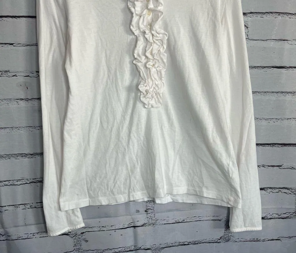 Vintage Lauren Jeans Co Ralph Lauren White Cotton Ruffle Half-Button Blouse L - Image 4