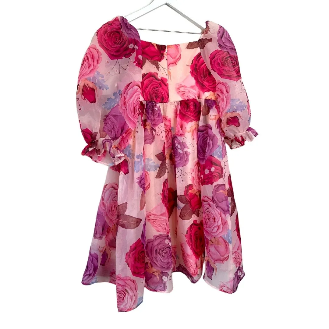 JessaKae Polly Dress Pink Floral Organza Puff Sleeve Size M Size M - Image 6