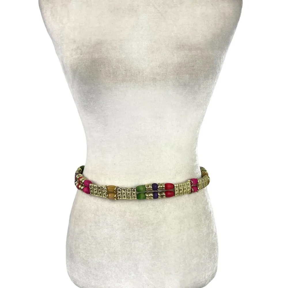 VTG Retro Belt 80s Gold Chain Tiered Wood Rainbow Multicolor Beads Gold Metal - Image 2