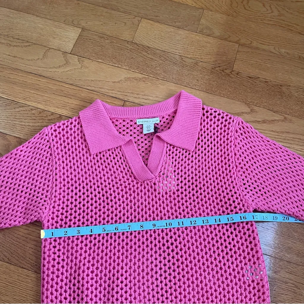 Sincerely Jules open knit Pink Sweater shirt sleeves Polo cotton blend Sz XL - Image 6