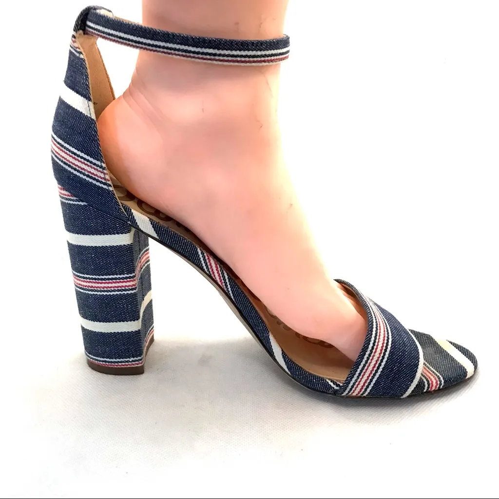SAM EDELMAN "YARO" DENIM BLUE, RED & WHITE STRIPED FABRIC COVER HEELS (10) - Image 4