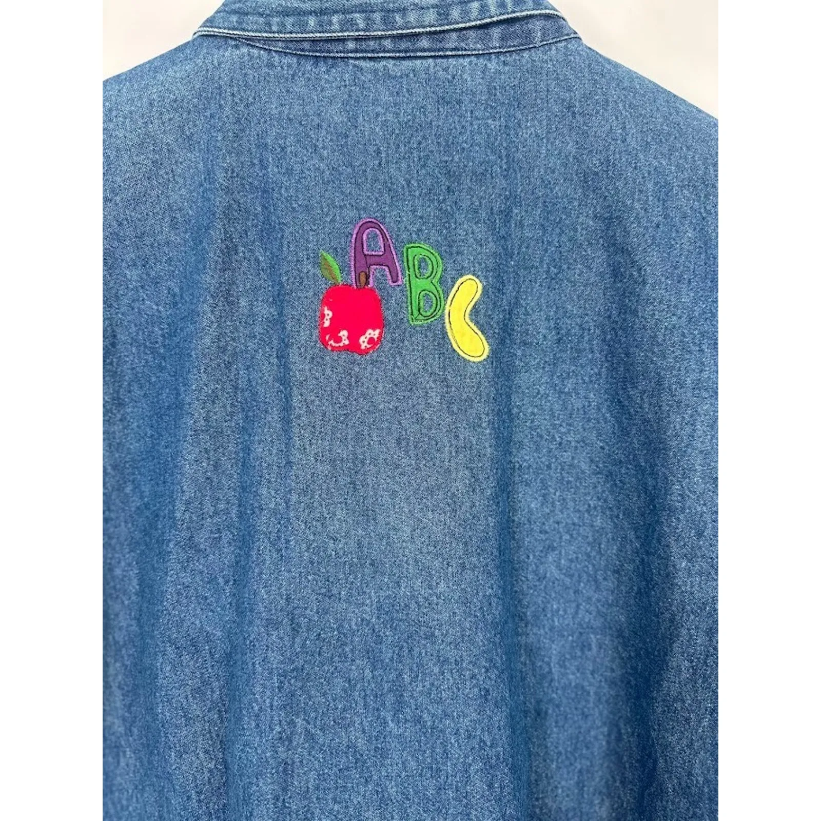 VTG Quacker Factory Medium Denim Jean Shirt School Teacher Patchwork Corduroy - Image 5