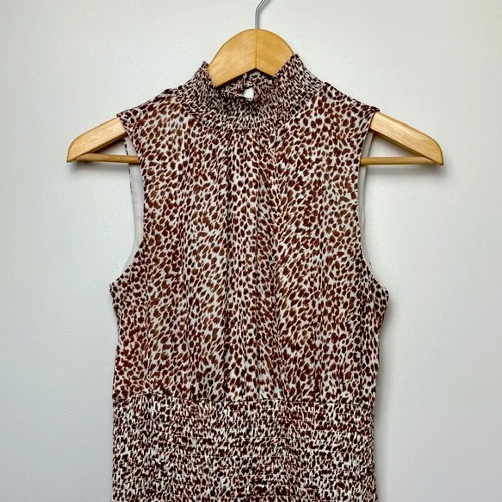 1.State Animal Print Chiffon Smocked Mock Neck Dress in Brown Taupe - Image 3