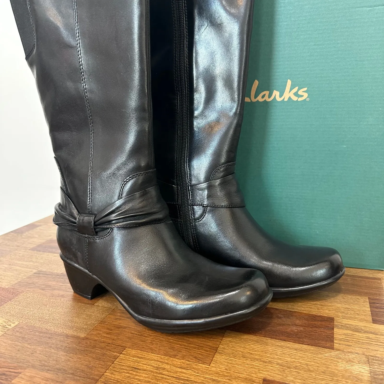 Clarks Wyld Polka 7 NEW Box Black Leather Knee High Wedge Heel Round Toe - Image 4