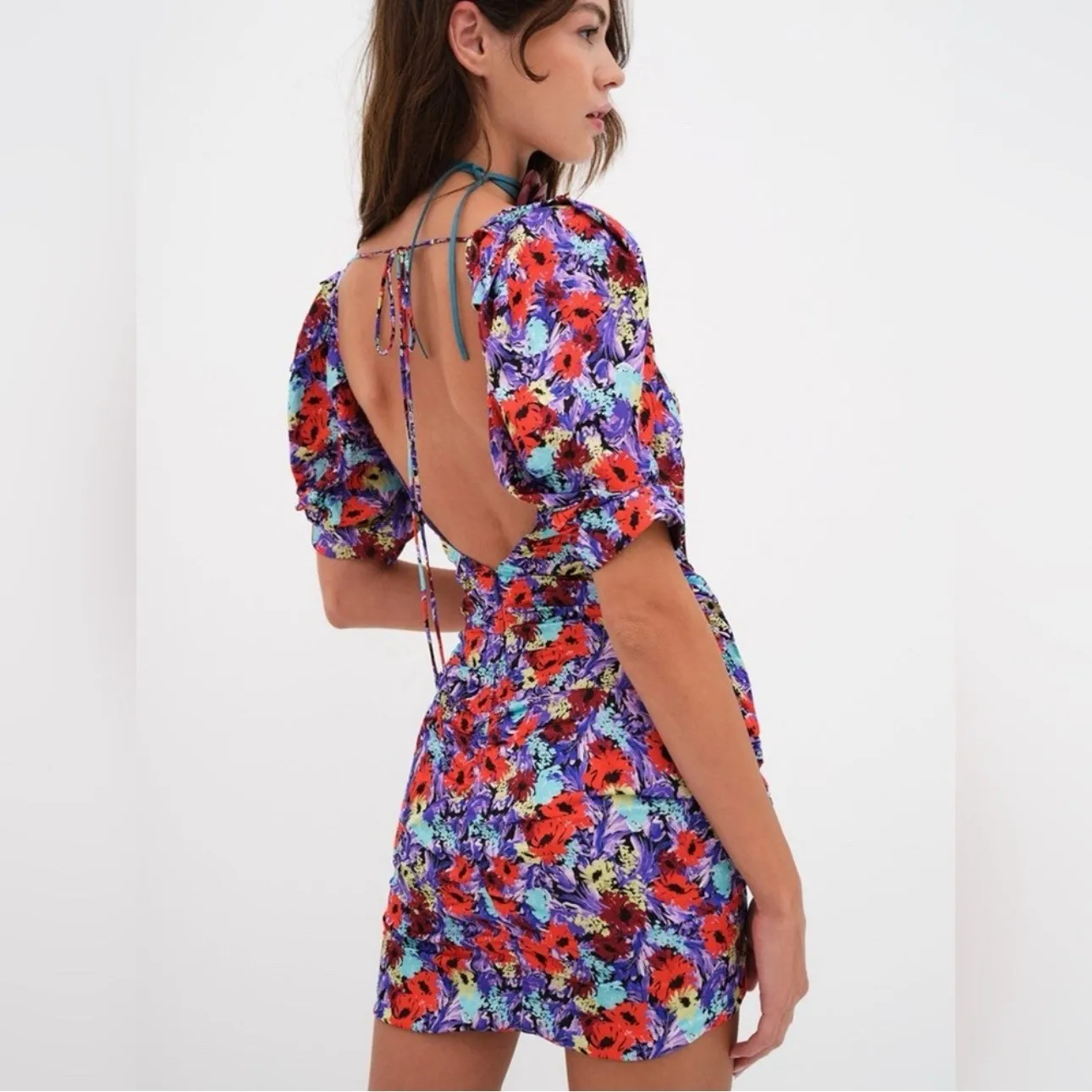 For Love And Lemons Red Purple Floral Satin Chiara Puff Sleeve Mini Dress Sz M Size M - Image 2