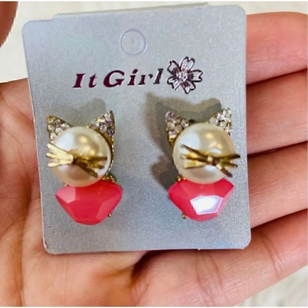 Kitty / cat super cute pink statement earrings Pink - Image 4
