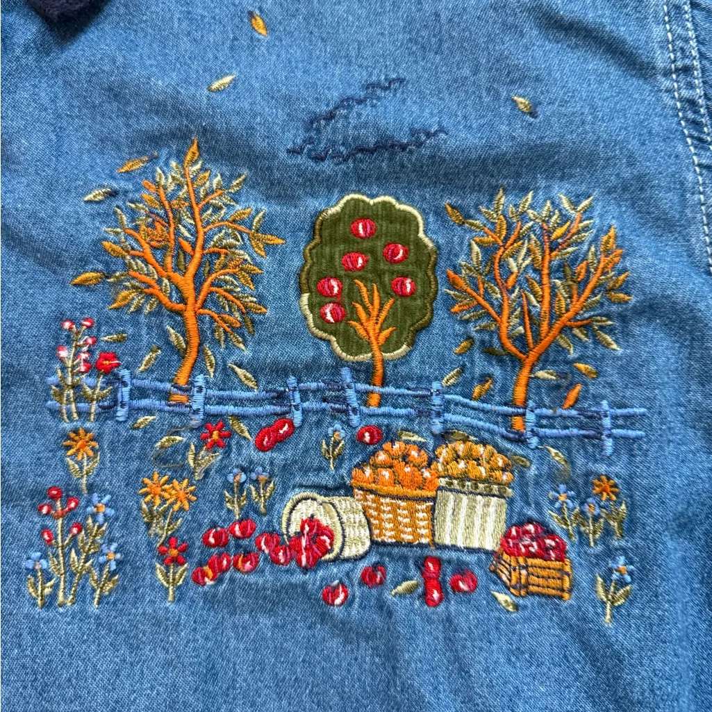 Bobbie Brooks VTG 90’s Embroidered Fall Leaves Apples Size 22w/24w Denim Shirt Blue - Image 2