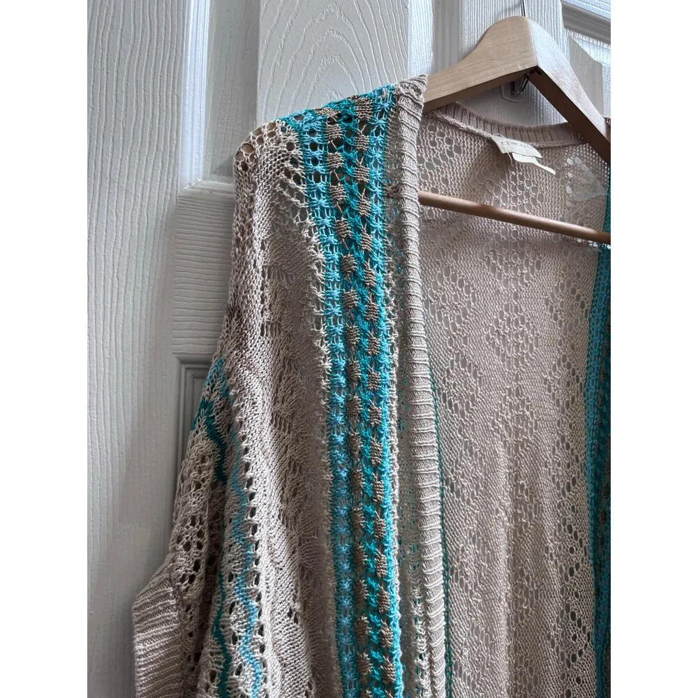 Chico’s Linen Open Crochet Fringe Hem Waist Tie Longline Cardigan Large Boho Tan - Image 4