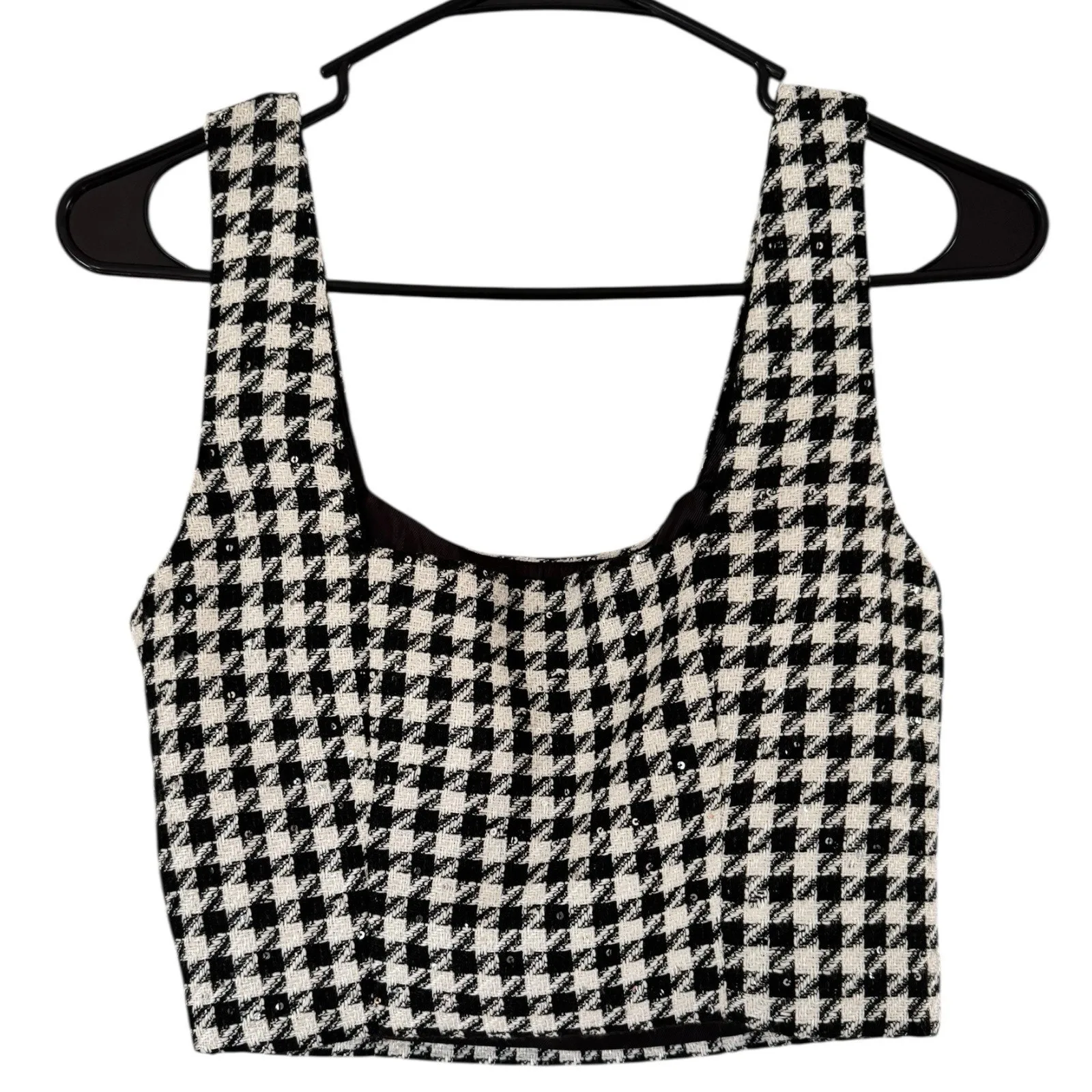 Jason Wu Sequin Houndstooth Checkered Black and White Tweed Crop Top Small - Image 2