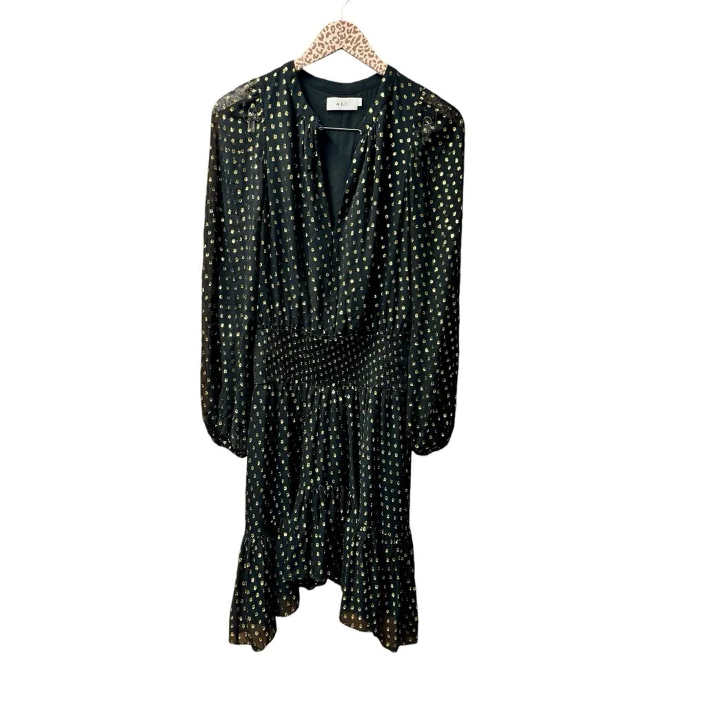 A.L.C. Sidney Silk Blend Metallic Dot Blouson Mini Dress Smocked Long Sleeve 4 - Image 6