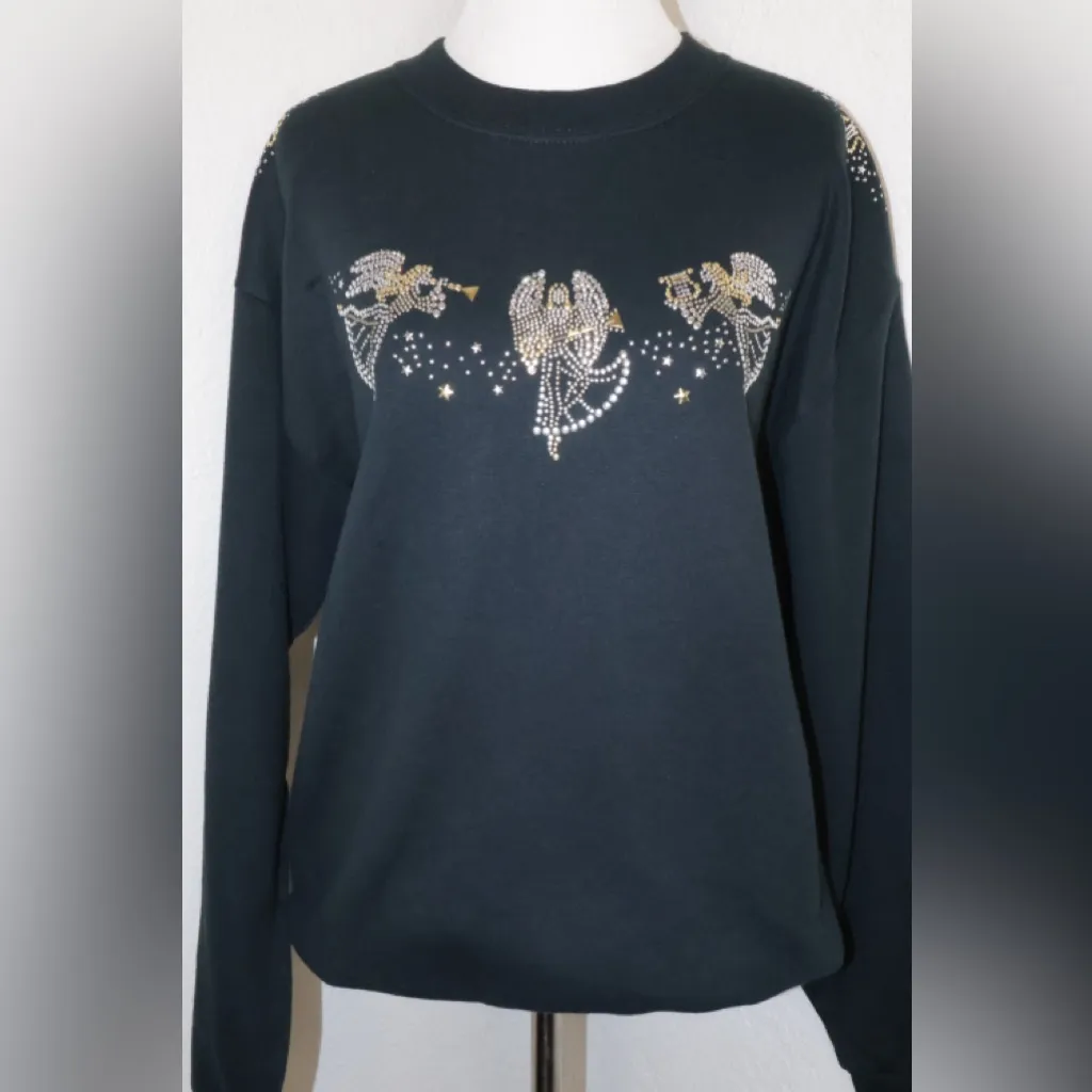 Vintage CHRISTINE ALEXANDER Women’s Sweater navy blue 90s Bejeweled angels Size M - Image 4