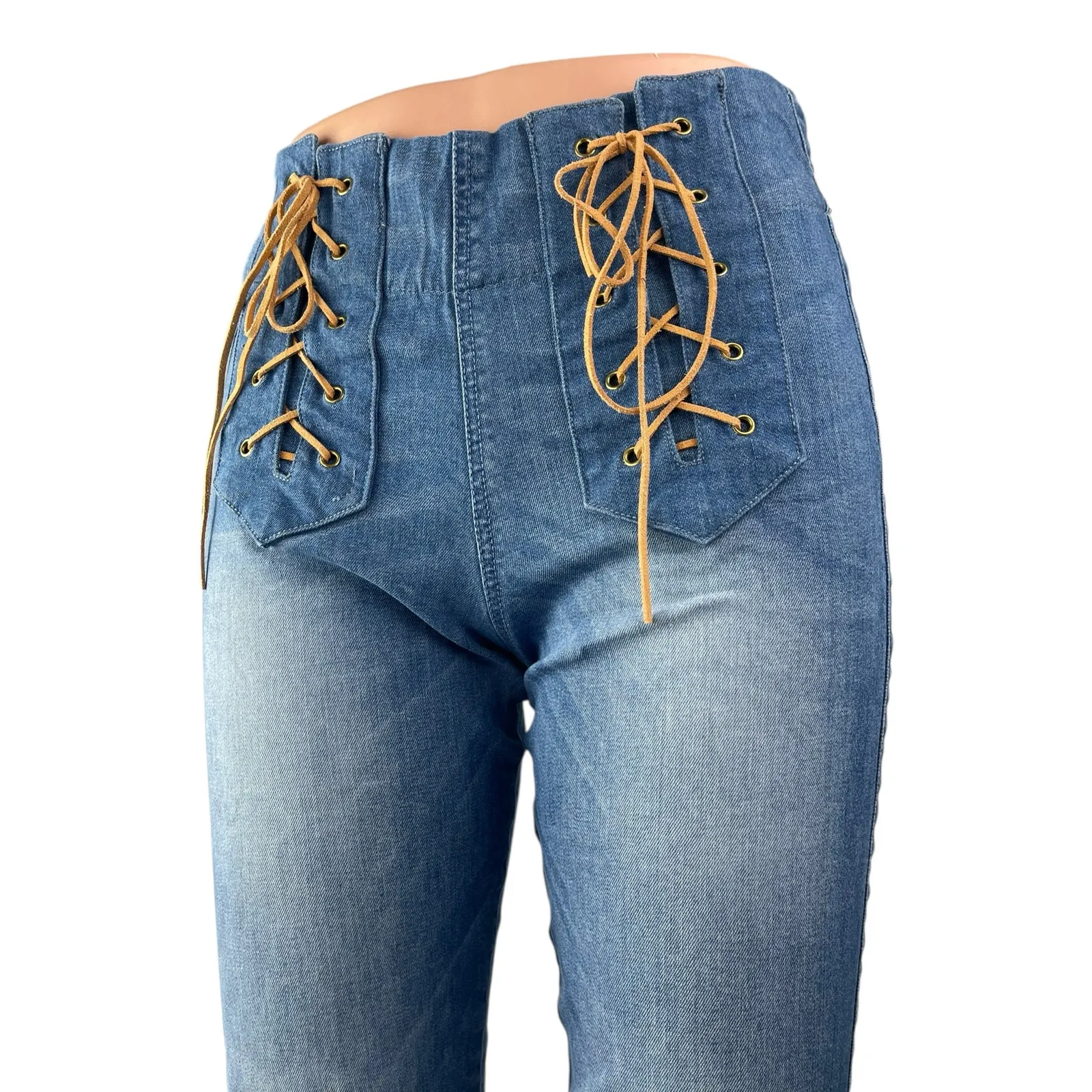 Judith March Women's Blue Lace Up High Rise Flare Bell Bottom Denim Jeans Size S - Image 2