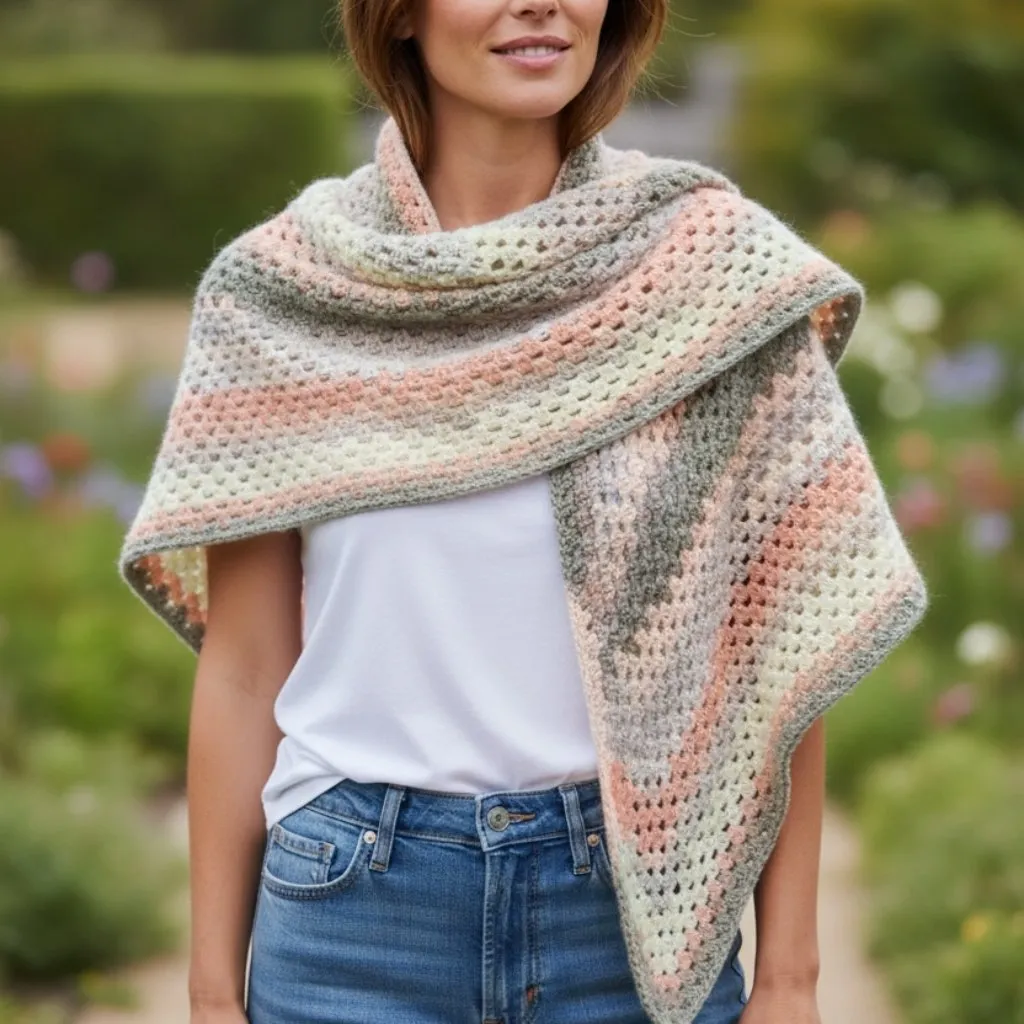 Crocheted Homemade Shawl Wrap Triangle Multicolor Grannycore Boho Grey Pink Gray - Image 2