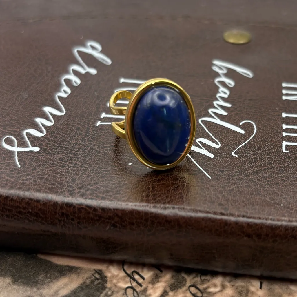 Blue Lapis Gemstone Ring • Gold Adjustable • Handmade Boho Vintage Style - Image 7