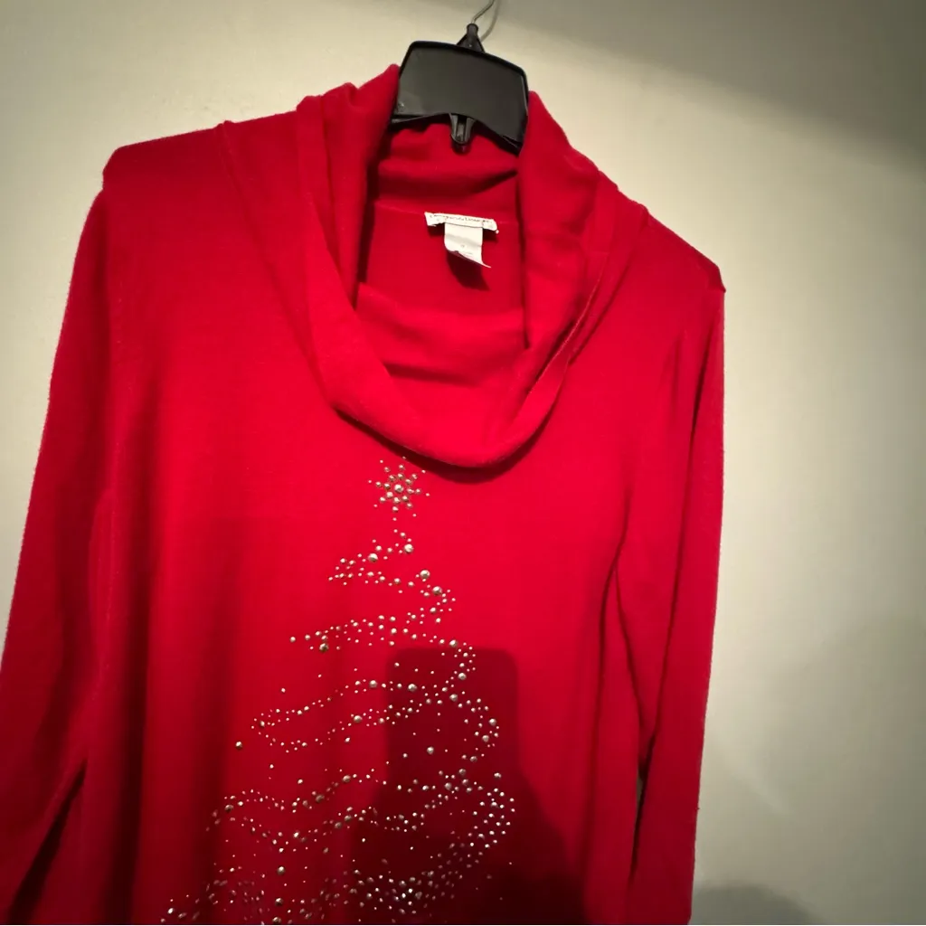 DRAPERS & DAMON Red Cowl Neck Sweater with Embellishments Christmas Tree Design Size 1X - Image 8