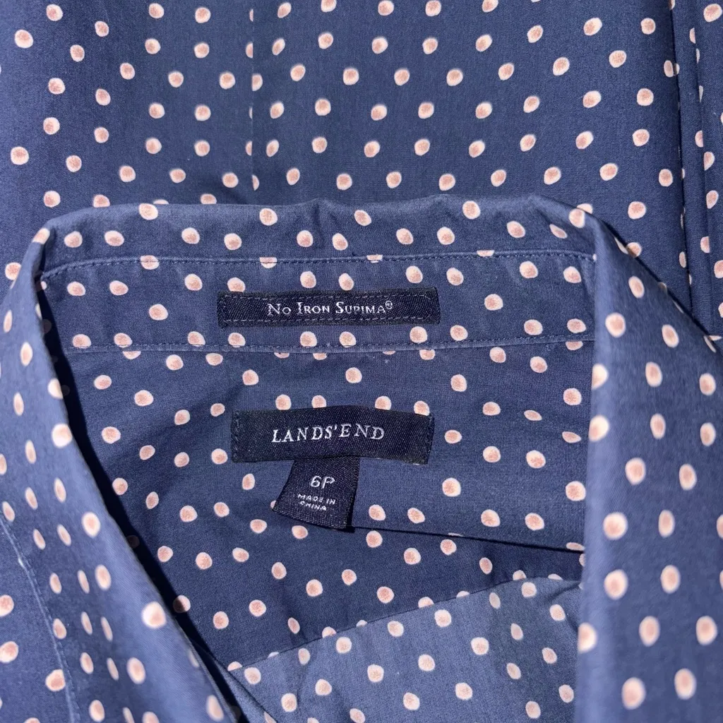 Lands' End Dark Blue Pink Polka Dot Button Up Shirt - Image 5