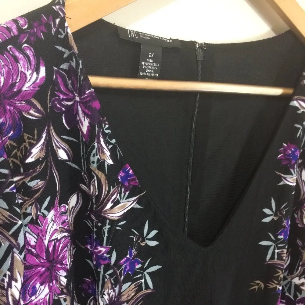 INC women's 2X bell sleeved stretchy floral deep v-neck "Bamboo Blossom" dress - Image 4