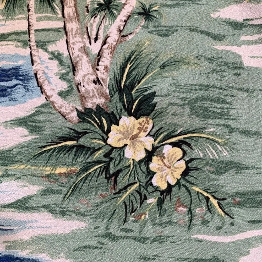 Vintage Kauaiana Top Green Blue Tropical Palm Print Flower Detail Short Sleeve - Image 10