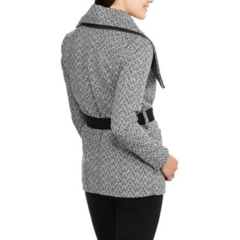 NEW Womens Black White Herringbone Belted Wrap Faux Wool Coat Shawl Collar L Size L - Image 3