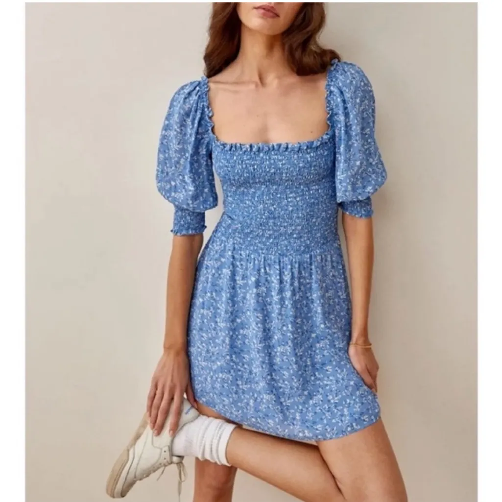 Reformation Elle Shirred Floral Print Georgette Mini Dress in Blue 2 - Image 3