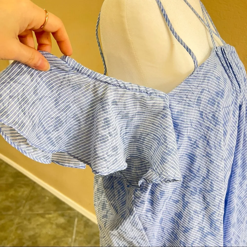 Anthropologie HD In Paris Blue Cotton Striped Ruffle Off Shoulder Dress Sz XL - Image 2