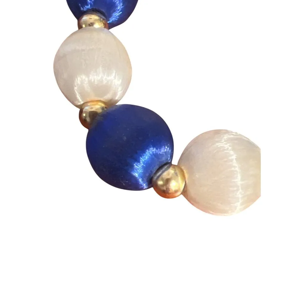 Vintage Blue & White Silk Thread Beaded Necklace Gold Tone Spacers No Clasp 28" - Image 4