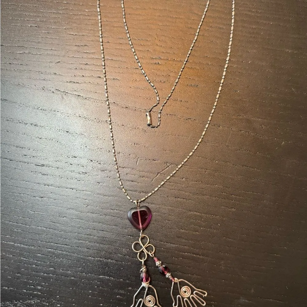 Eclectic Boho Silver Hamsa and Purple Heart Pendant Necklace - Image 4