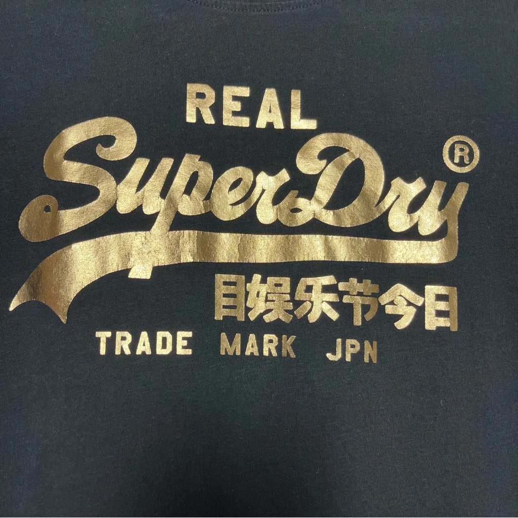 Superdry Vintage Logo Boho Sparkle T-Shirt Navy Gold Tee Women’s Size 6 - Image 2