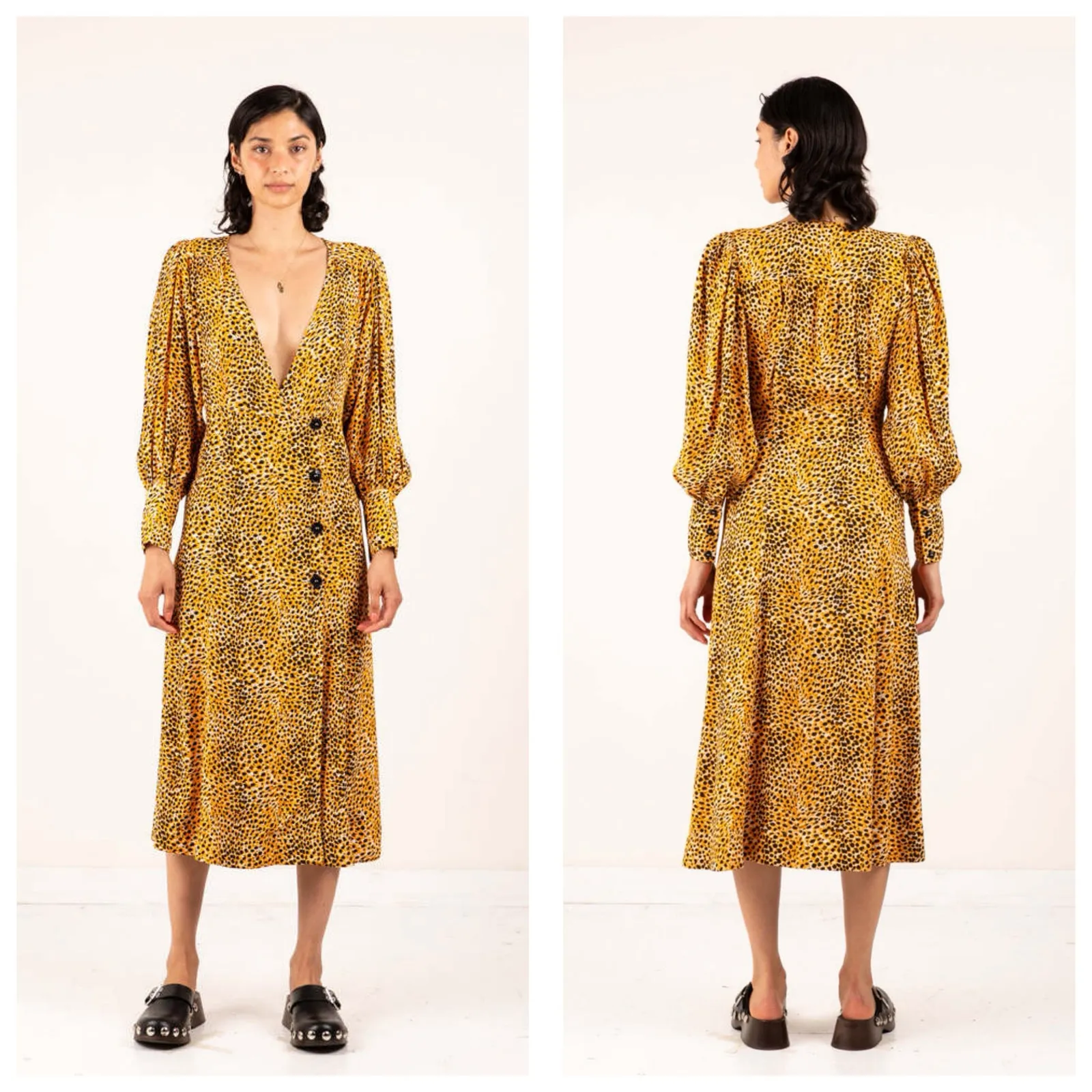 Ganni Leopard Print Plunge Midi Dress Crepe Yellow Animal Print Long Sleeve - Image 2