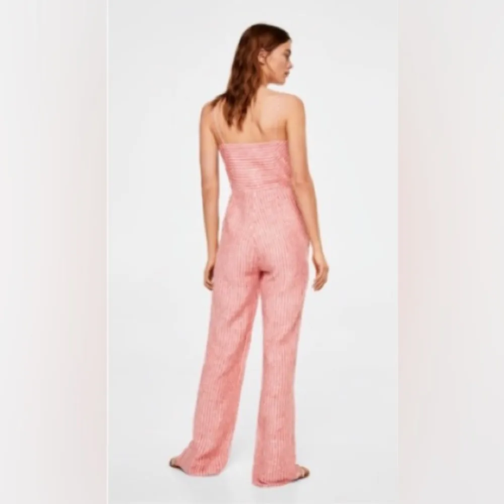 Red & White Striped Linen Jumpsuit w/ Buttons Size S - Image 5