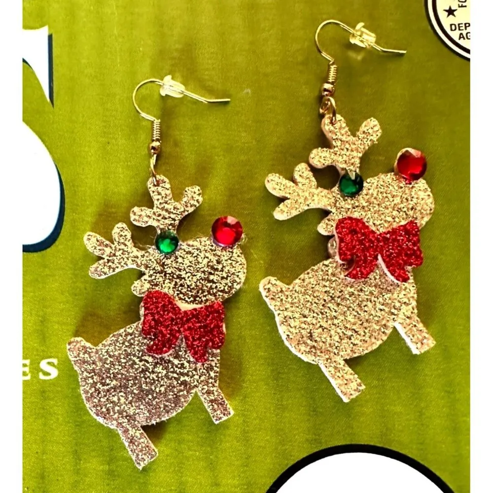 Rudolph Reindeer Earrings Handmade Christmas Whimsical Hooks Glitter Acc… - Image 9